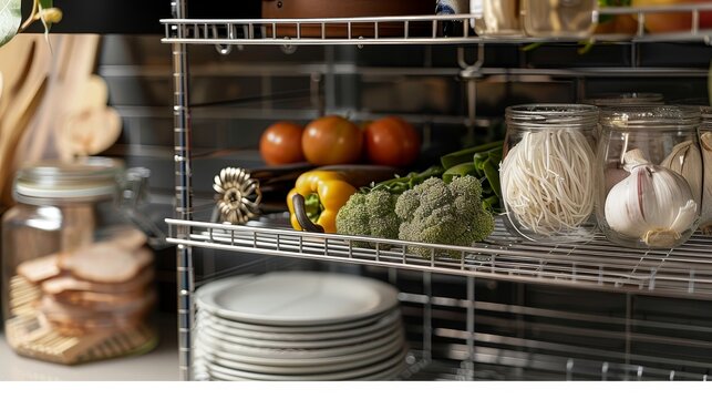 Innovative adjustable wire shelving within a cabinet, a close-up on the inspired design that offers versatile storage solutions