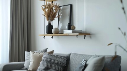 Elegant hanging shelves in a minimalist living room, close-up on the art of simplicity and inspired shelf ideas that elevate the space