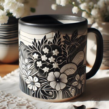 Black-N-White Nerikomi floral mug | Abstract pottery | Handmade Ceramic Mug generated by ai