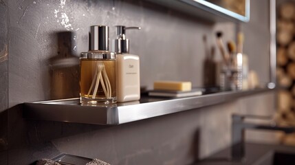 Detail shot of a sleek bathroom shelf rack, highlighting creative and inspired shelving ideas for functional elegance - obrazy, fototapety, plakaty