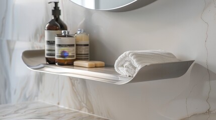 Detail shot of a creatively designed wall-mounted bathroom shelf, offering inspired storage ideas that blend functionality with aesthetics