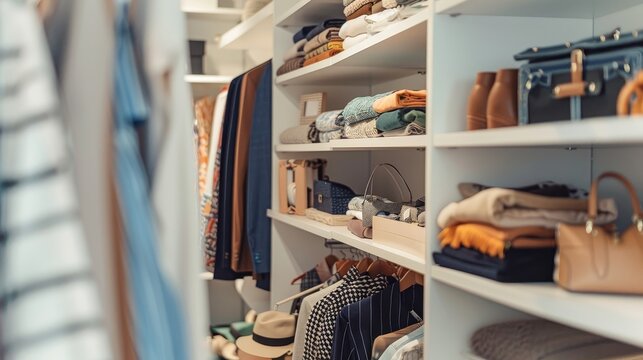 Detail shot of hanging shelves in a modern walk-in closet, filled with accessories and clothes, offering fresh shelf organization ideas