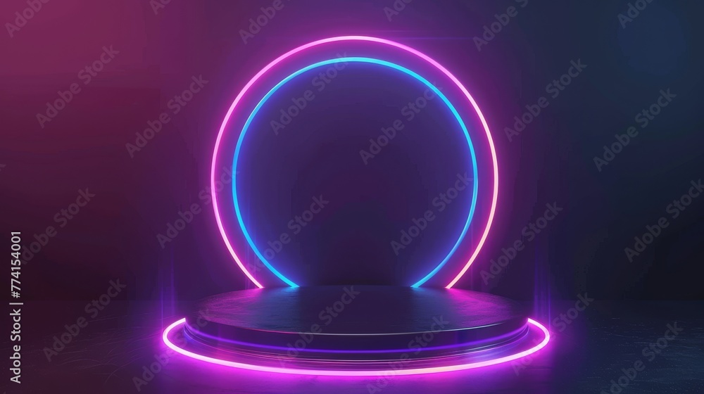 Poster an illusionistic neon glow portal for game user interface design. a realistic modern circle podium w
