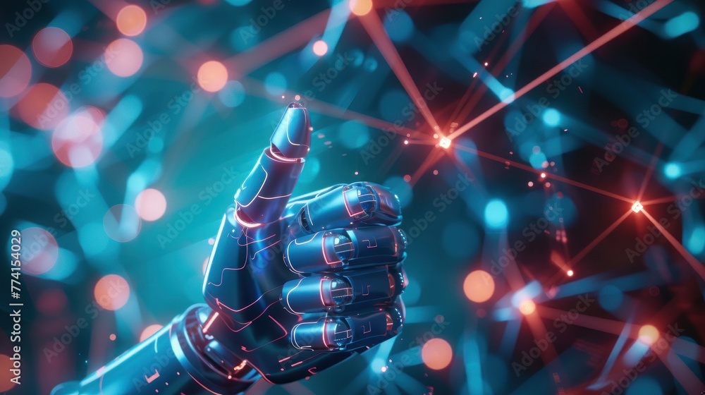 Poster stunning 3d rendering of a robot's hand with a luminous fingertip, implying technological advancemen