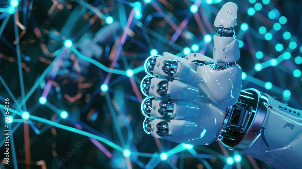 Poster a clean white robotic hand captured within a complex web of blue digital lines representing modernit