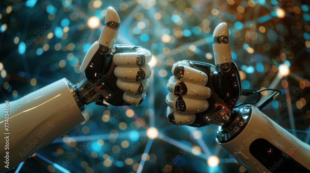 Poster this digitally crafted image showcases a pair of robotic hands performing a fist bump, signifying te