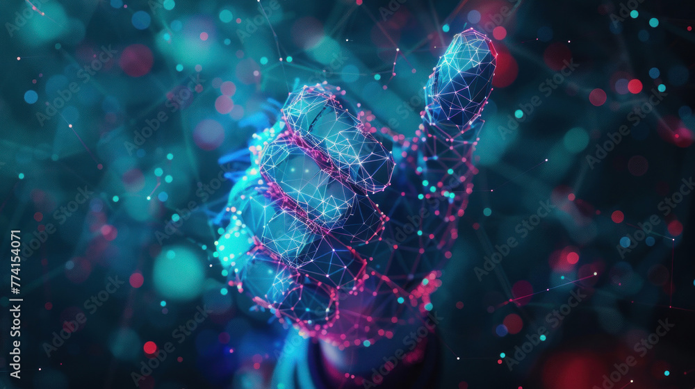 Poster a vibrant 3d conceptual representation of a digital robotic hand reaching out amidst a network of in
