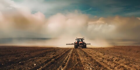 A tractor cultivates a field showcasing modern agricultural practices like pesticide spraying for efficient farming. Concept Agricultural Technology, Tractor Spraying, Modern Farming