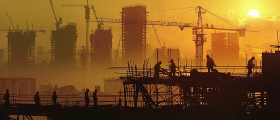 The lively scene of a metropolitan construction site at dawn, with the silhouette of cranes and an emerging skyscraper, workers beginning their day as the city awakens in the background