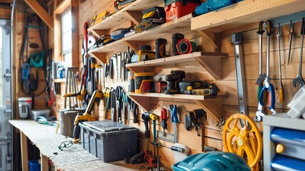 Detailed view of hanging shelves in a garage, highlighting creative shelf ideas and how they transform space for hobbies and tools - obrazy, fototapety, plakaty
