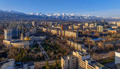 View from a quadcopter of the south-eastern part of the Kazakh city of Almaty against the backdrop...