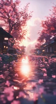 A beautiful pink and white image of a river with cherry blossoms floating on the water.