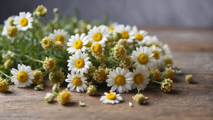 Wild chamomile flowers on wooden table. An armful of flowers. Medical chamomile
