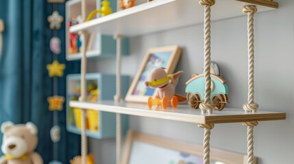 Close-up on elegant hanging shelves in a child's playroom, displaying a mix of fun and luxury with unique, inspired shelf ideas
