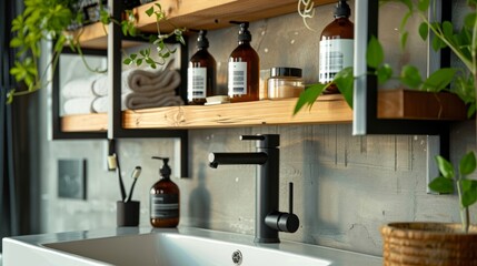 Close-up on a uniquely designed bathroom shelf rack, displaying inspired ideas for organizing essentials with style