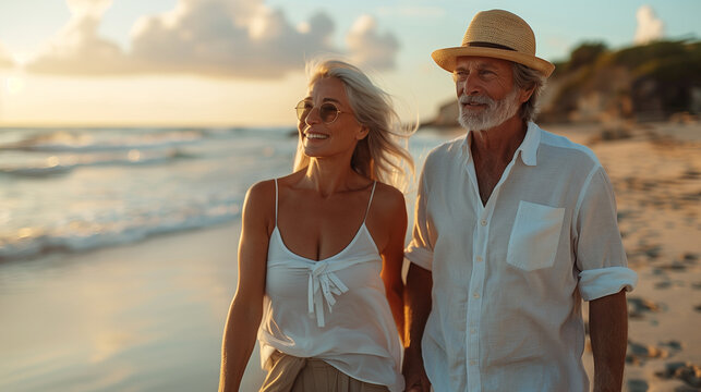 Happy mature retired couple walking on the beach at sunset. Enjoying your free time as a senior.