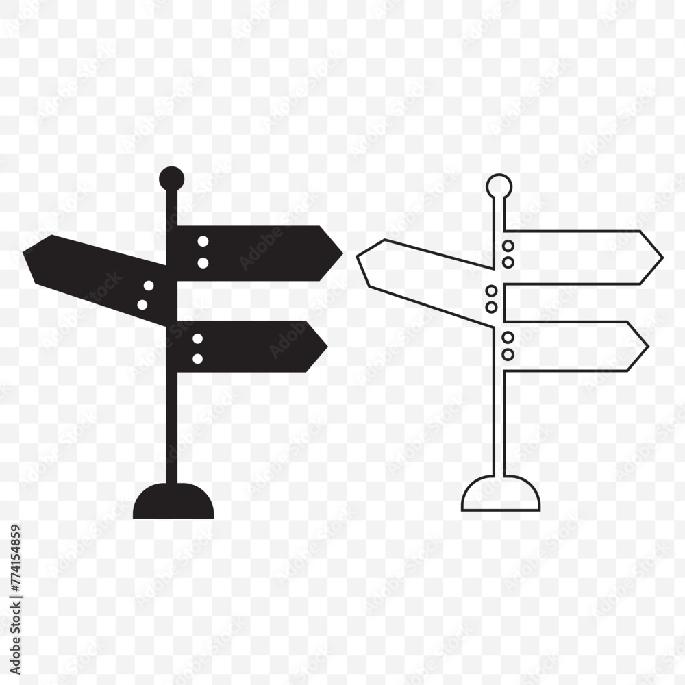 Poster fingerpost in continuous line art drawing style. signpost pointing in the direction of travel to pla