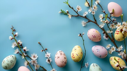 Easter eggs with spring flowers on a blue background, arranged flatly.