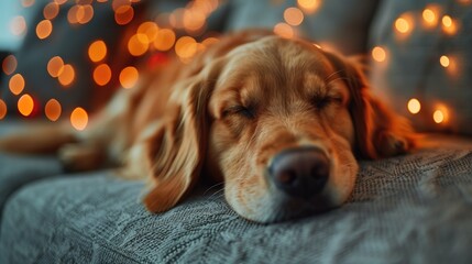 Close-up of dog sleeping on cozy sofa at home, The dog is resting on the sofa, generative ai