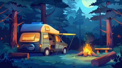 Camping site with a camper van with a tent and a large wooden trunk on the ground as a seat. Cartoon summer night scene with a caravan for traveling and relaxing. - obrazy, fototapety, plakaty
