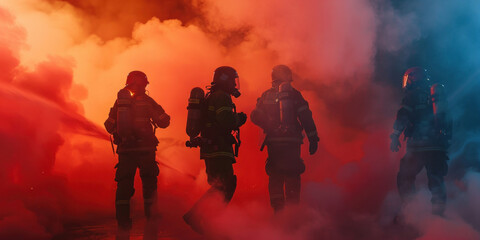 Brave firefighters standing in front of a burning building with smoke billowing out in intense flamesGetData