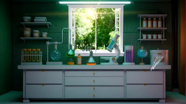 Laboratory concept with microscope and glassware equipment. Dynamic time-lapse animation loop.