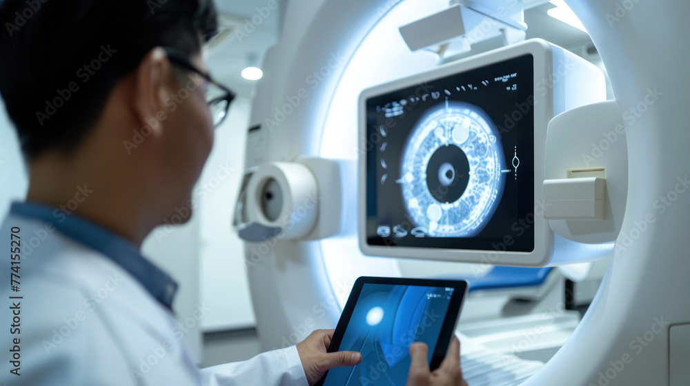 Poster a professional in a lab coat uses a tablet to operate an ocular scanning machine with an eye on the 