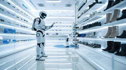Autonomous robot matching shoe options in a futuristic retail environment filled with shelves