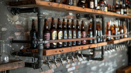 Close-up of a vintage shelf rack in a high-end tap room, showcasing luxurious hanging shelves filled with rare brews and inspired decor
