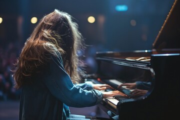 A musician plays the grand piano at a live concert with audience bokeh lights in the background