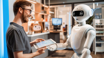 A blurred male figure presenting a tablet to a modern white humanoid robot in a tech store