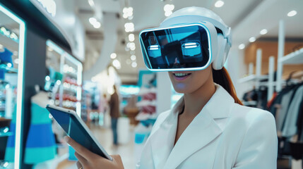 Blurred stylish woman using augmented reality glasses while handling a tablet in a contemporary store setting - 774155267