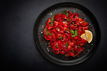 Salmon gravlax with beetroot, Scandinavian snack, beet gravlax, lightly salted fish, homemade, no people,