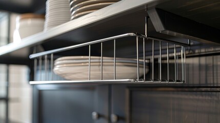Close-up of an inspired wire shelf rack hanging inside a cabinet, showcasing innovative storage solutions and shelf ideas - obrazy, fototapety, plakaty