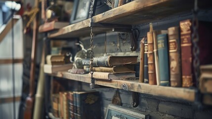 Capturing the essence of nostalgia with a close-up on a vintage hanging shelf rack, artfully displaying books and unique finds