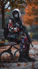 Photo of a white-faced person, wearing Japanese streetwear clothing and colorful traditional weapons, holding a futuristic rifle in his hand, sitting on a park bench.