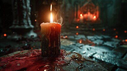 Burning candle casting light on devil-inspired Gothic art, creating a hauntingly beautiful scene of intrigue and darkness - obrazy, fototapety, plakaty
