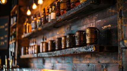 A taproom's intimate corner, featuring close-up views of hanging shelves with vintage beer steins, inspiring unique decor ideas - obrazy, fototapety, plakaty