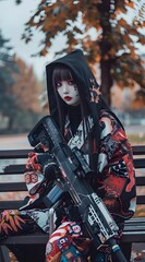 Photo of a white-faced person, wearing Japanese streetwear clothing and colorful traditional weapons, holding a futuristic rifle in his hand, sitting on a park bench.