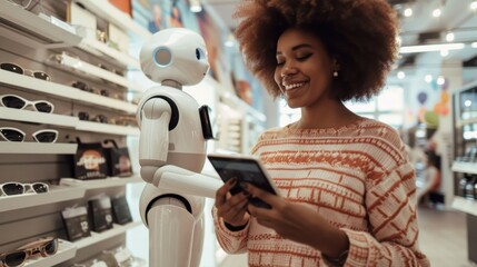 A happy woman uses her smartphone interacting with a humanoid robot in a retail store