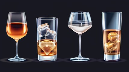 A set of empty transparent glassware mockups for whisky or liquor. A set of sets of transparent glassware for water or alcohol drinks.