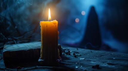 A Gothic-style burning candle illuminates an ancient tome, with a shadowy figure of a witch in the background, mystery and magic abound