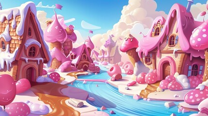 Cartoon modern landscape of a fantasy fairy sugar world with cake and cookie homes, along with chocolate rivers and pink jelly banks.