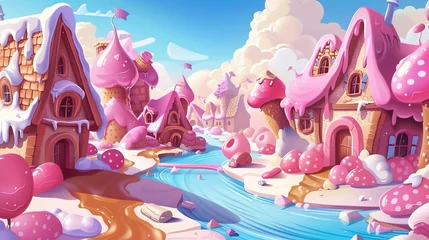 Rolgordijnen Cartoon modern landscape of a fantasy fairy sugar world with cake and cookie homes, along with chocolate rivers and pink jelly banks. © Mark