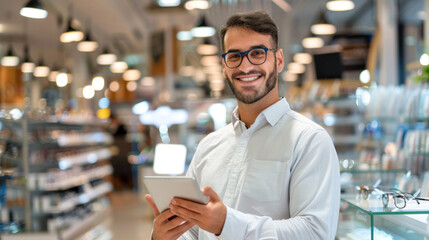 Cheerful bearded man wearing glasses holds a digital tablet in a contemporary eyewear shop with shelves in the background