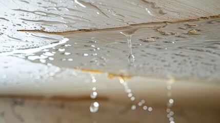 A detailed view of a ceiling with visible water stains and a small leak, highlighting the urgency of home maintenance and repair