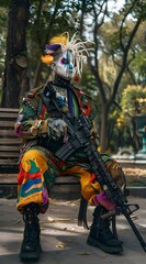 Photo of a white-faced person, wearing Japanese streetwear clothing and colorful traditional weapons, holding a futuristic rifle in his hand, sitting on a park bench.