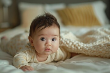 Baby on bed with curious expression