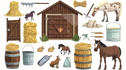 Fototapeten An isolated set of farm animals, hay stacks, wooden barrels, pitchforks, shovels, metal buckets, fabric sacks, and barn interior elements. © Mark