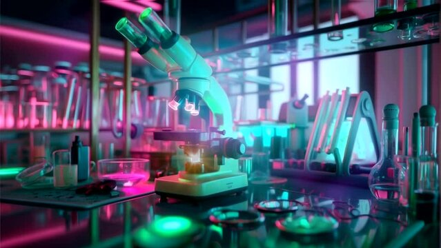 Laboratory concept room microscope glassware equipment looping animation time-lapse